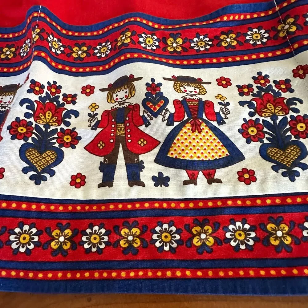 Vintage Kolf Austria Folk Art Kitchen 2 Pc Set Red Blue Bib Apron & Table Square